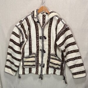 Vintage Peruvian 100% Wool Striped Hooded Jacket Toggle Closure Boho M/L